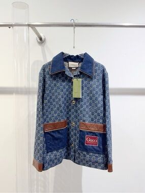 Gucci Blue Denim GG-Print Jacket with Brown Leather Trim